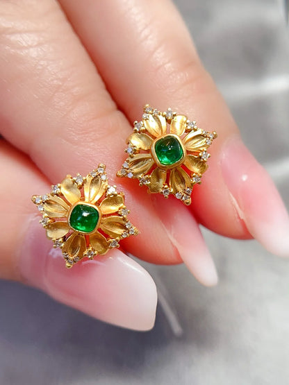 Earrings 18K Gold 0.33ct Green Emerald Gemstones Stud Female's Holiday