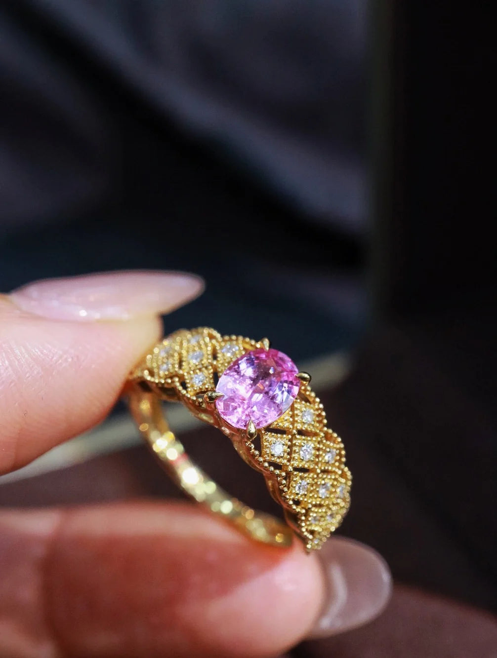 Ring 18K Gold 0.97ct Pink Sapphire Gemstones Diamonds Female Fine