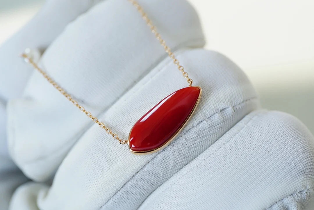 Necklace 18K Yellow Gold Red Coral Pendant Female's Fine Jewelry