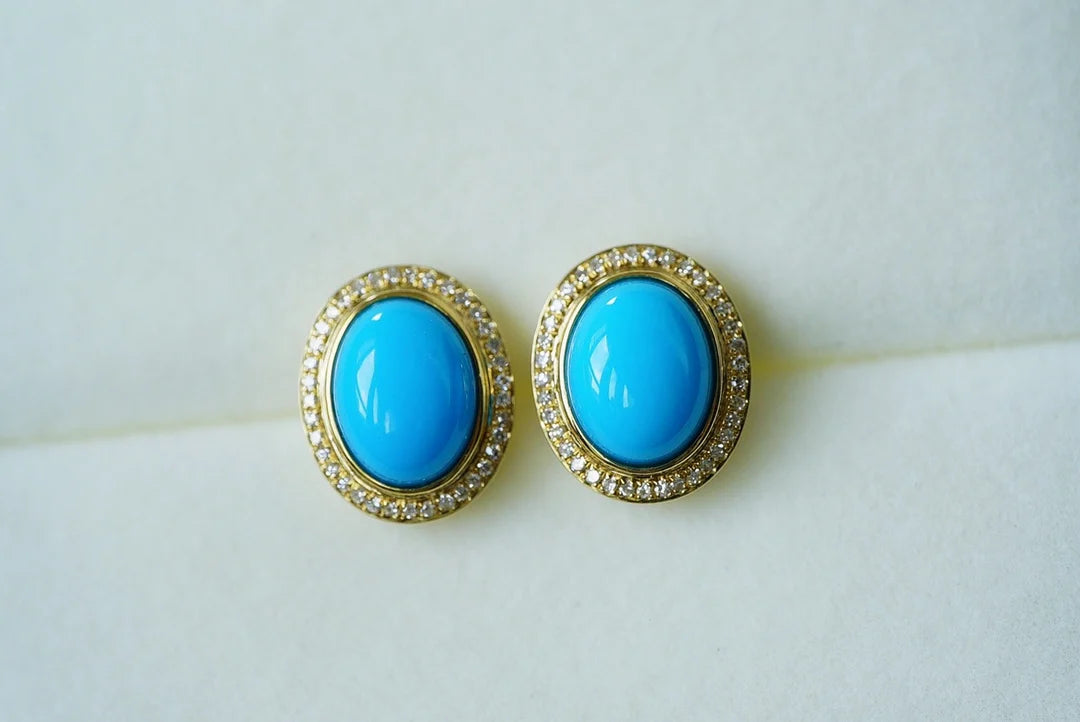 Earrings 18K Gold 9*7mm Blue Turquoise Drop Dangle Female's Fine Gift