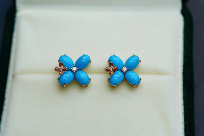 Earrings 18K Gold Blue Turquoise Tourmaline Stud Female's Holiday Gift