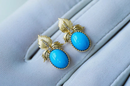 Earrings 18K Gold 8.7*6.7mm Blue Turquoise Drop Female's Fine