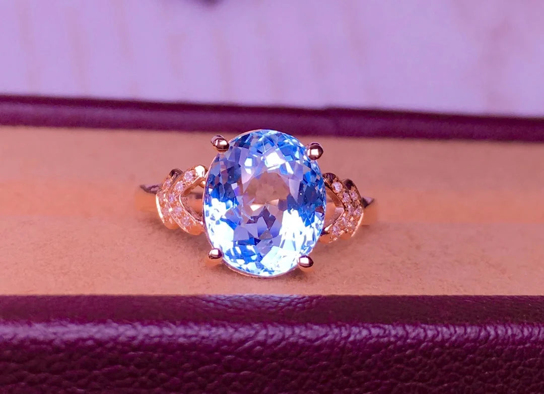 Ring 18K Gold 4.8ct Blue Aquamarine Gemstones Female Birthday Fine Jewelry