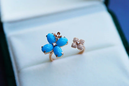 Ring 18K Rose Gold Blue Turquoise Gemstones Diamonds Female's