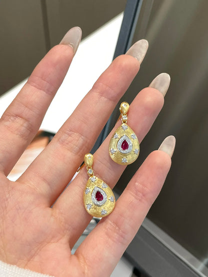 Earrings 18K Yellow Gold 0.3ct Red Ruby Gemstones Stud Female's Fine