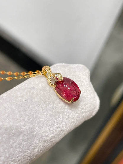 Pendant 18K Gold 1ct Rubillite Red Tourmaline Gemstones Diamond Necklace