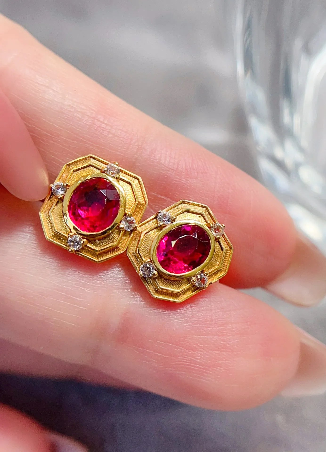 Earrings 18K Yellow Gold 2ct Pink Tourmaline Gemstone Stud Female's