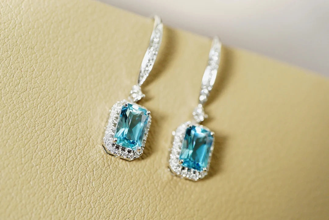 Earrings 18K White Gold 1.3ct Aquamarine Diamonds Female's Fine