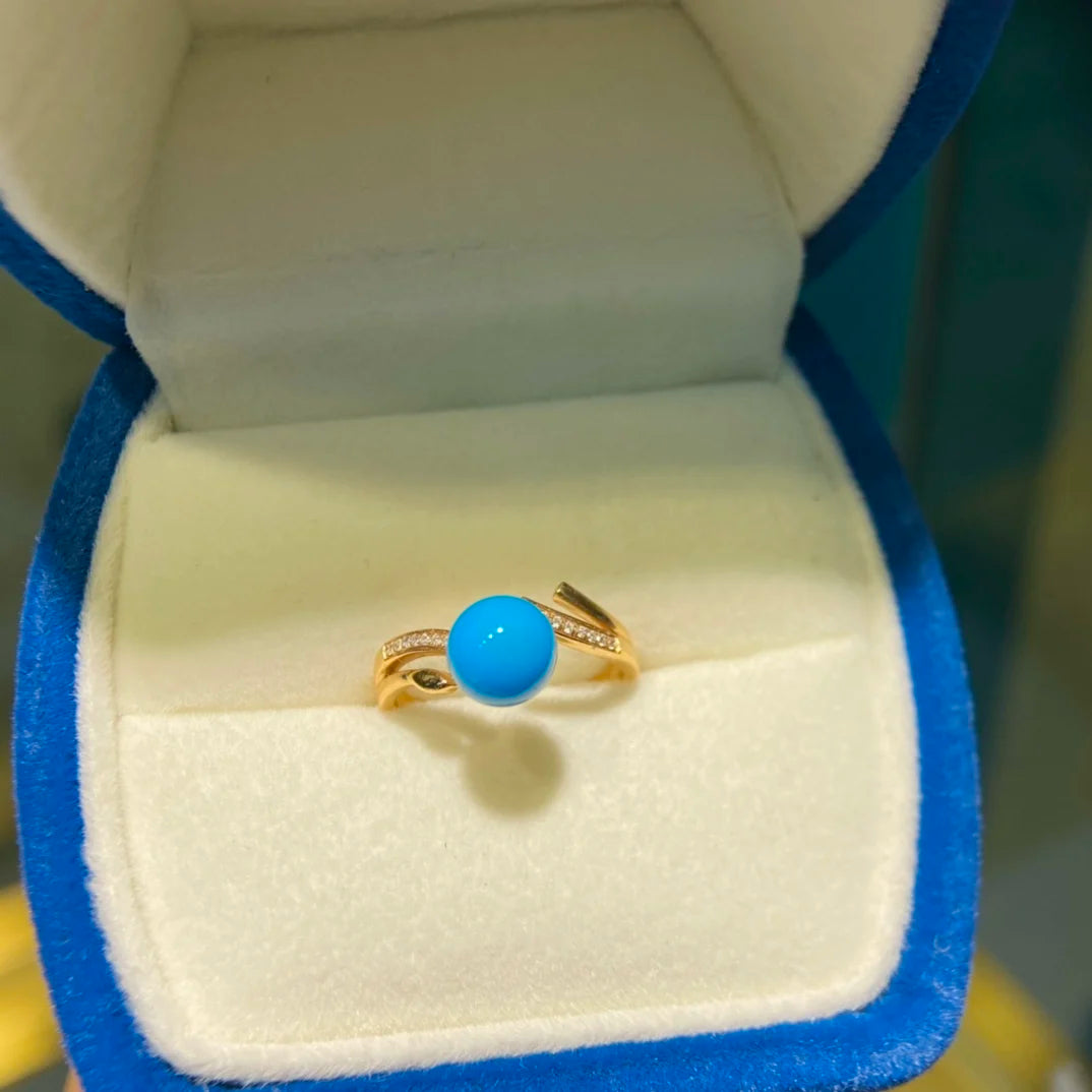 Ring 18K Gold 7mm Blue Turquoise Gemstones Diamonds Female Sporty