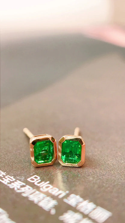 Earrings 18K Gold 0.34ct Green Emerald Diamonds Stud Female's Fine