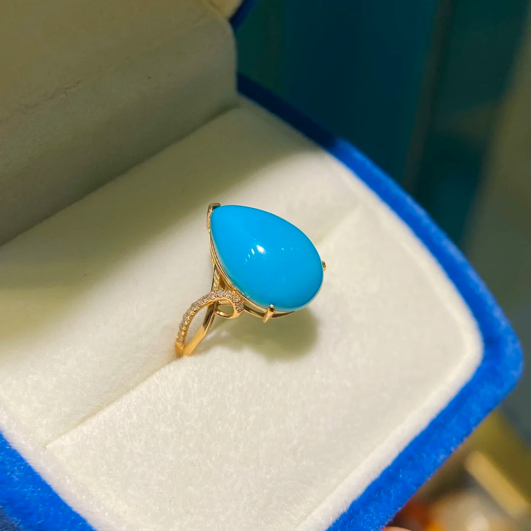 Ring 18K Gold 15.8x10.2mm Blue Turquoise Diamonds Female's