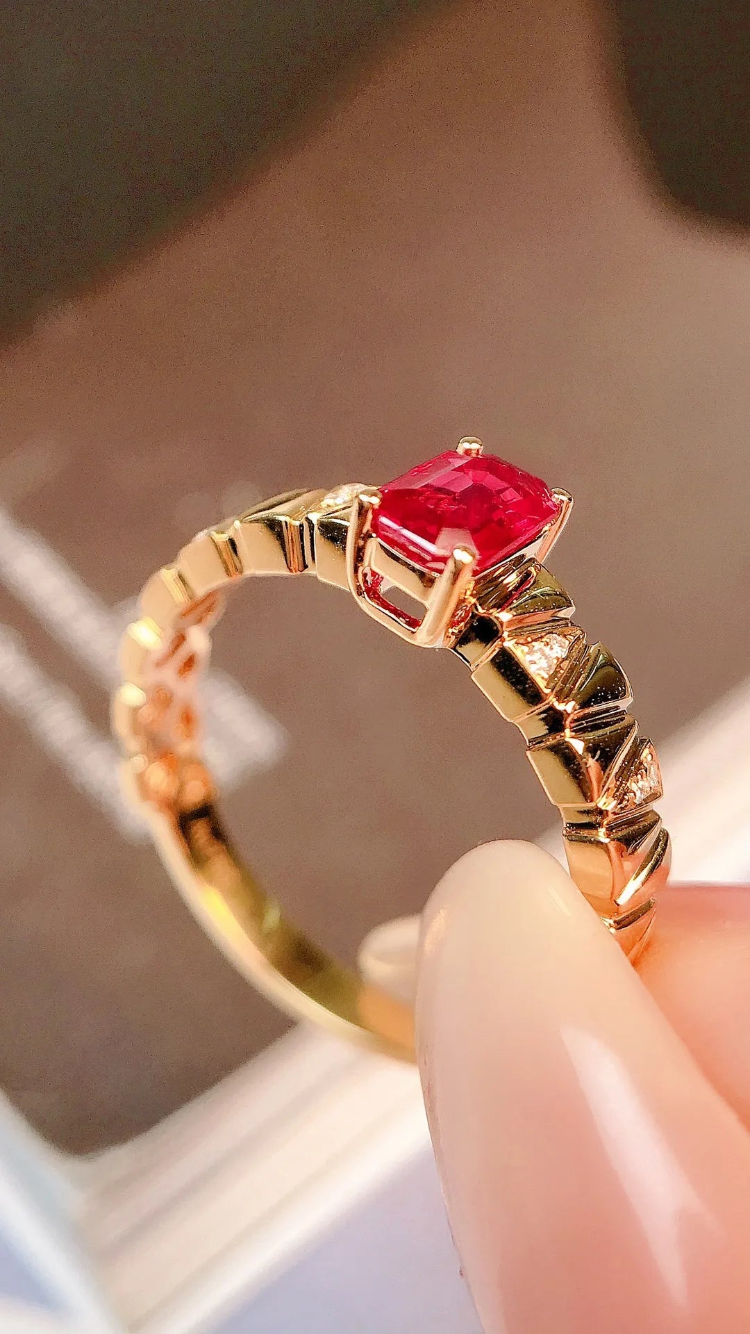 Ring 18K Gold 0.54ct Red Ruby Diamonds Anniversary Female's