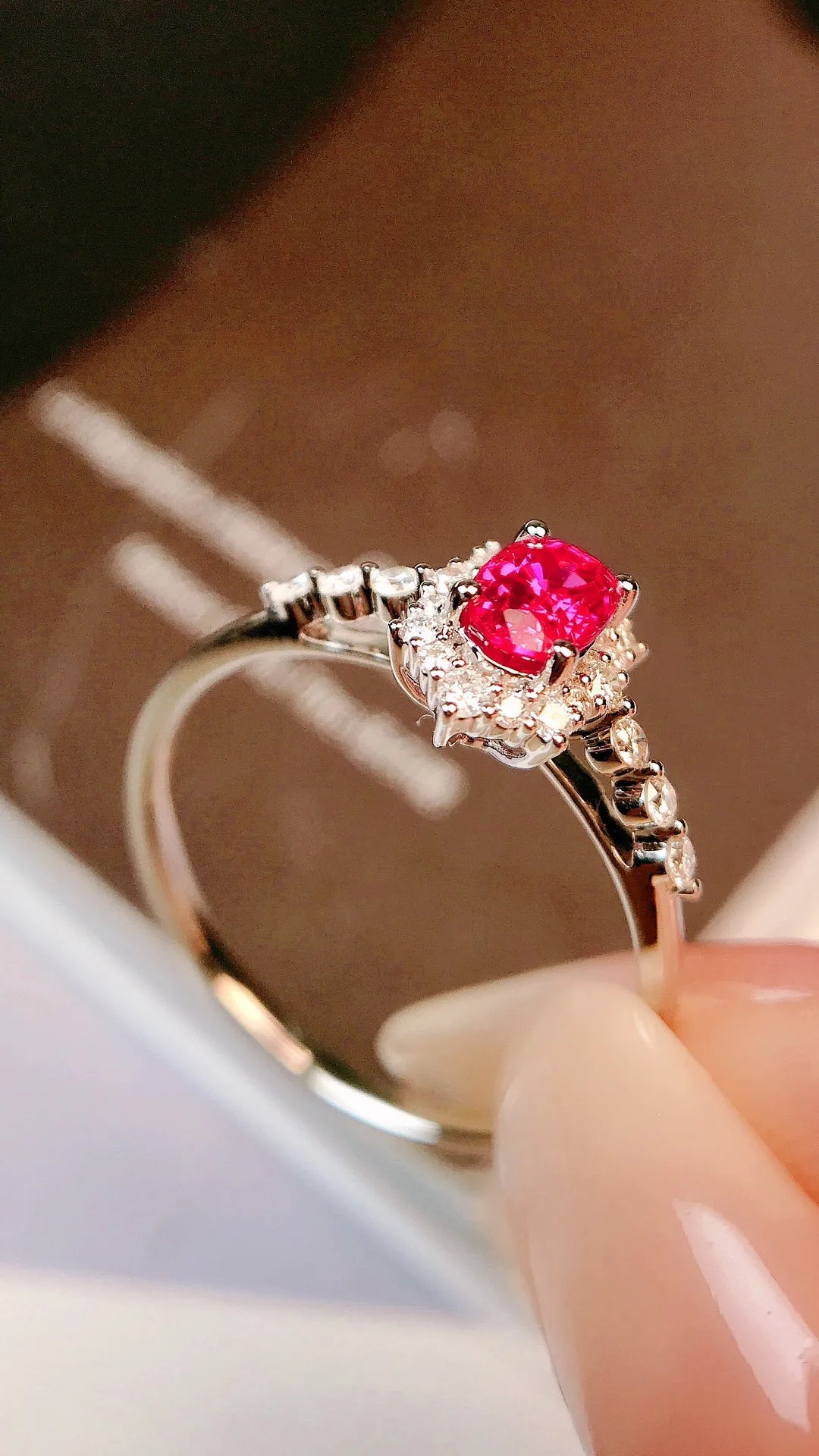 Ring 18K Gold 0.70ct Red Ruby Diamonds Female's Women's Fine Jewelry