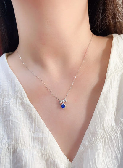 Necklace 18K White Gold 0.6ct Blue Sapphire Diamonds Pendant Female's