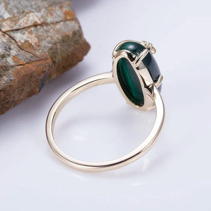 Ring 14K Gold With 8x15mm Oval Cabochon Natural Melechite MSR-1185