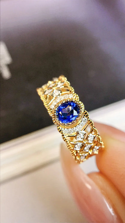 Ring 18K Gold 0.38ct Blue Sapphire Gemstones Diamonds Female Jewelry