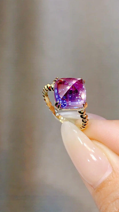 Ring 18K Gold 6.44ct Natural Amethyst Diamonds Gemstones For Female Women