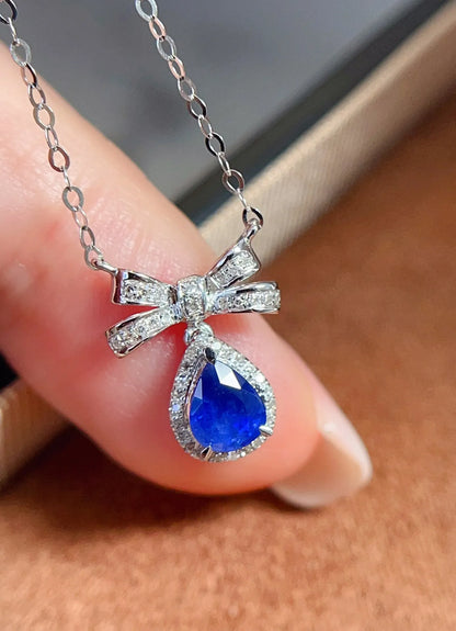 Necklace 18K White Gold 0.6ct Blue Sapphire Diamonds Pendant Female's