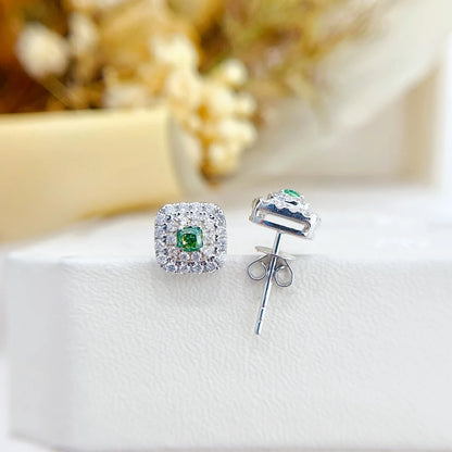 Earrings 18K White Gold 0.20ct Green Diamonds Stud Female's Fine