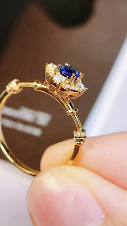 Ring 18K Gold 0.40ct Blue Sapphire Gemstone Diamonds Stone Female