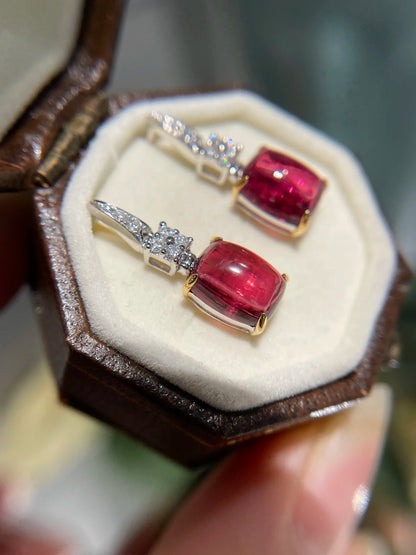 Earrings 18K Gold 3ct Red Tourmaline Diamonds Drop Female's Fine