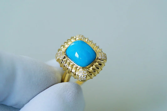 Ring 18K Gold 10.1*8mm Blue Turquoise Gemstones Diamonds Female Sporty