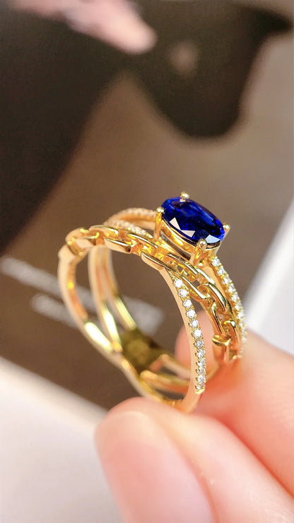 Ring 18K Gold 0.71ct Blue Sapphire Gemstone Diamonds Female's