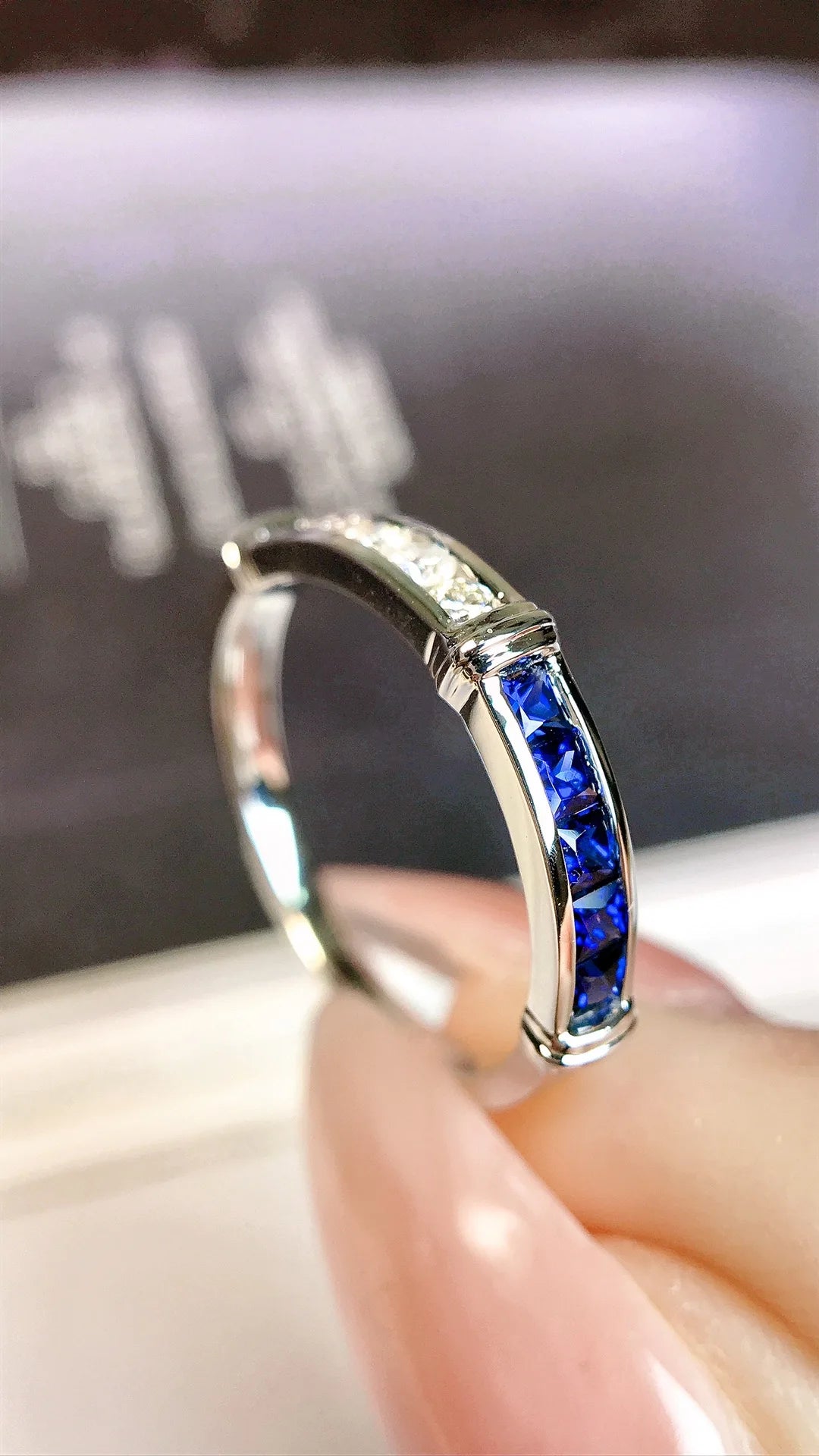 Ring 18K Gold 0.45ct Blue Sapphire Diamonds Female's Jewelry