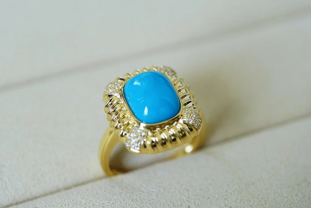 Ring 18K Gold 10.1*8mm Blue Turquoise Gemstones Diamonds Female Sporty