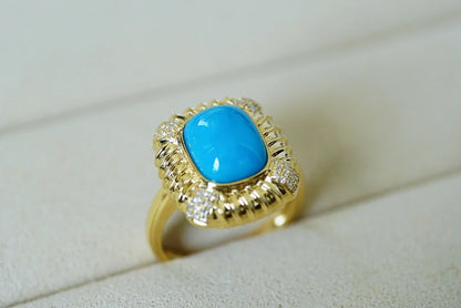 Ring 18K Gold 10.1*8mm Blue Turquoise Gemstones Diamonds Female Sporty