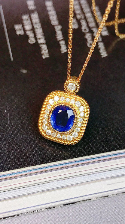 Necklace 18K Yellow Gold 0.90ct Blue Sapphire Diamonds Pendant Female's