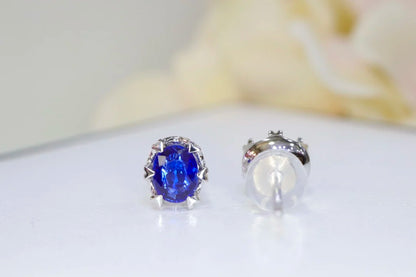 Earrings 18K Gold 0.88ct Royal Blue Sapphire Stud Female's Fine