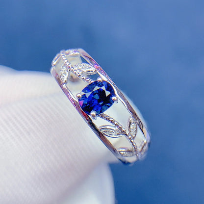 Ring 18K White Gold 0.8ct Blue Sapphire Diamonds Female Anniversary Gift