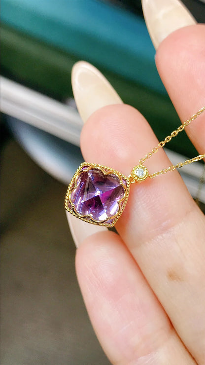 Necklace 18K Gold 4ct Purple Amethyst Diamonds Pendant Female's