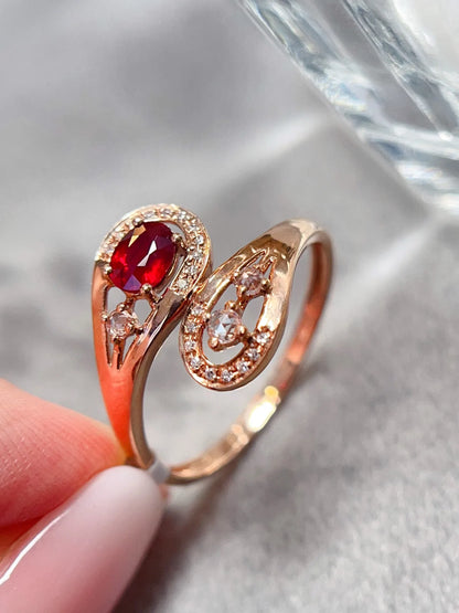 Ring 18K Gold 0.35ct Red Ruby Gemstones Diamonds Anniversary Female's