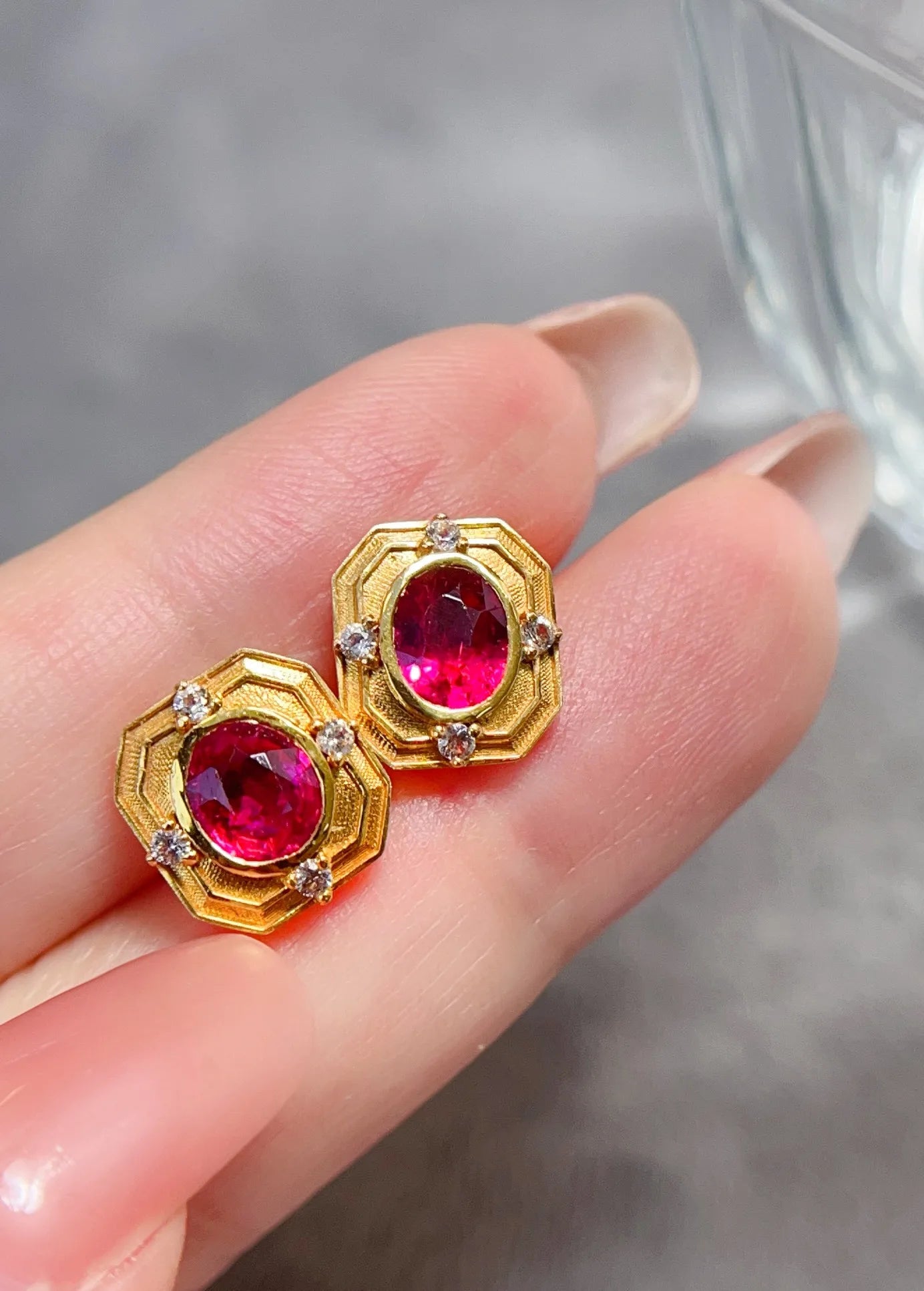 Earrings 18K Yellow Gold 2ct Pink Tourmaline Gemstone Stud Female's