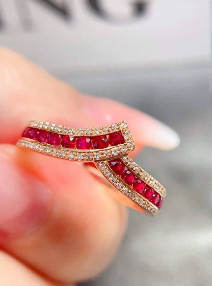 Ring 18K Gold 0.8ct Red Ruby Diamonds Anniversary Female Fine Jewelry