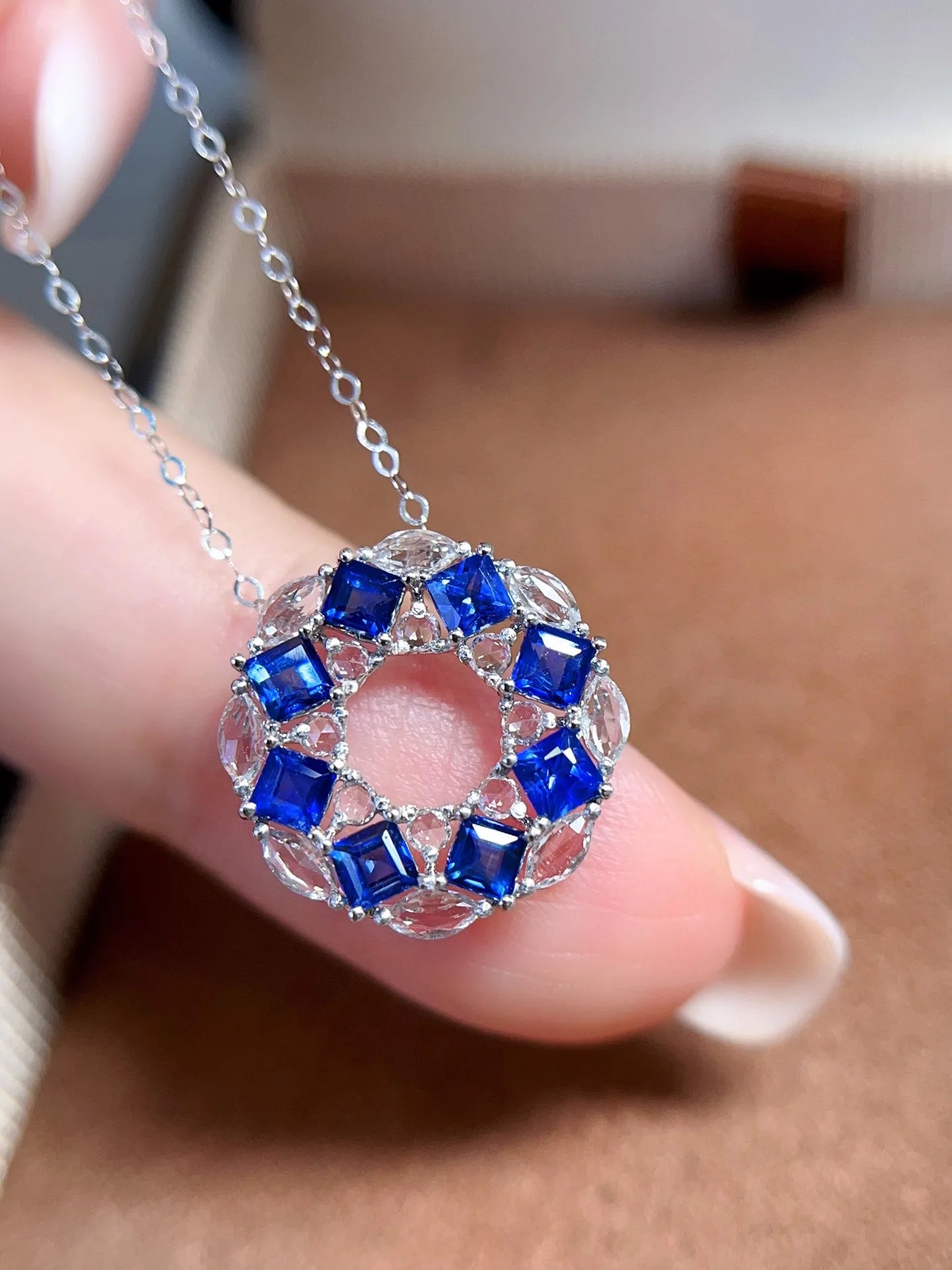 Necklace 18K White Gold 1ct Blue Sapphire Diamonds Pendant Female's