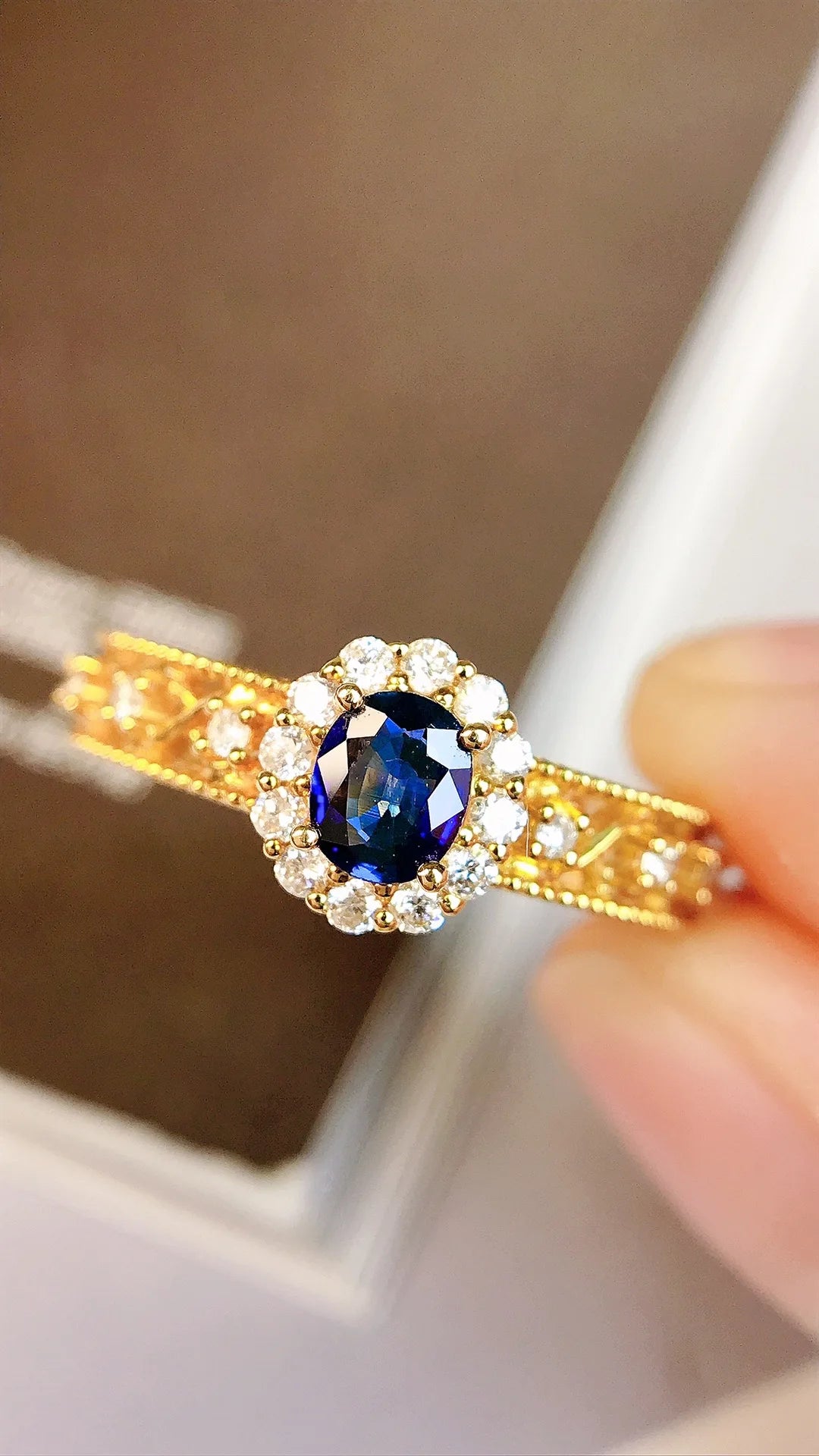 Ring 18K Gold 0.34ct Blue Sapphire Gemstones Diamonds Female's