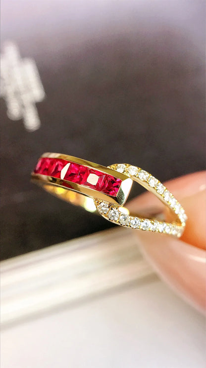 Ring 18K Gold 0.53ct Red Ruby Gemstones Diamonds Female Fine Jewelry