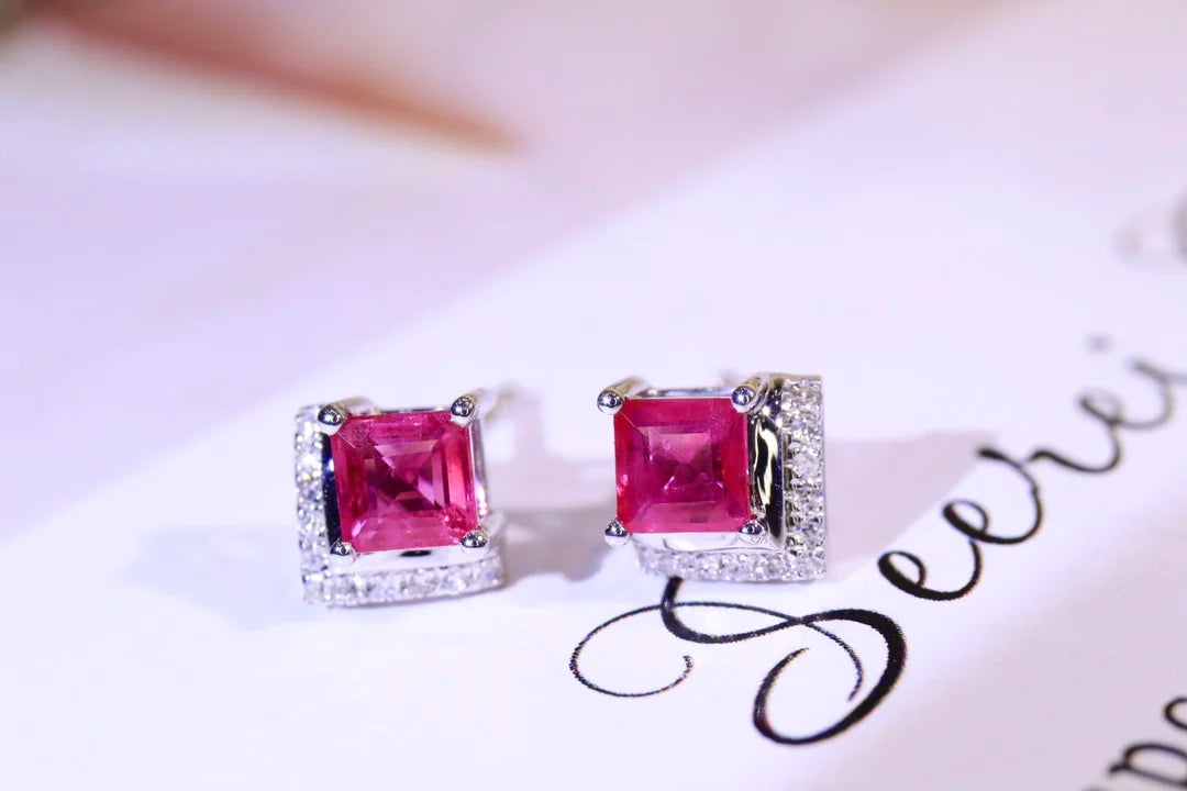 Earrings 18K White Gold 0.55ct Red Ruby Stud Female's Fine Jewelry