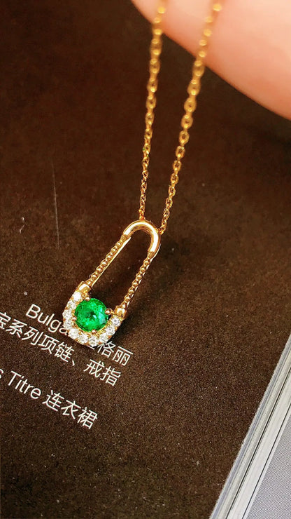 Necklace 18K Gold 0.21ct Green Emerald Diamonds Pendant Female's