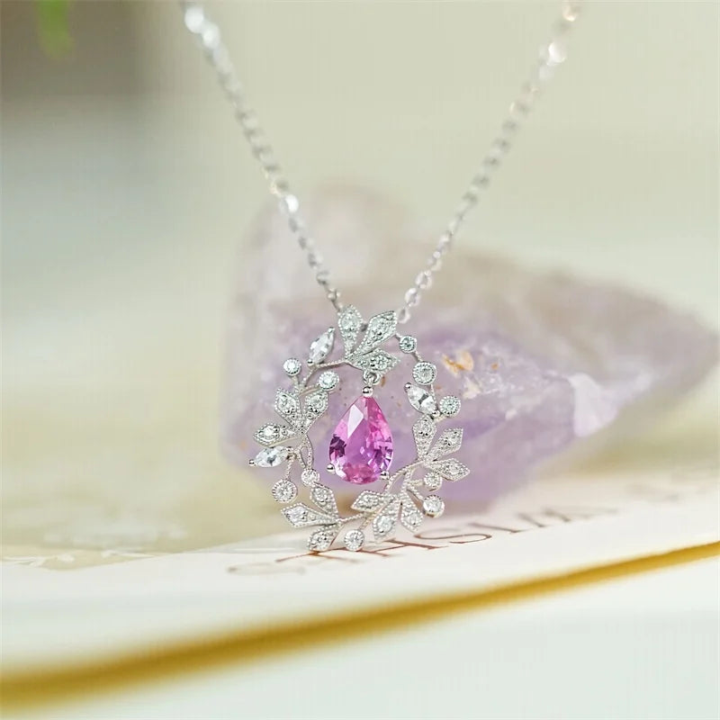 Pendant 18K White Gold 0.8ct Pink Sapphire Gemstones Necklace