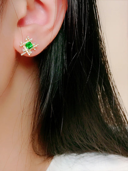 Earrings 18K Gold 0.50ct Green Emerald Diamonds Stud Female's Fine