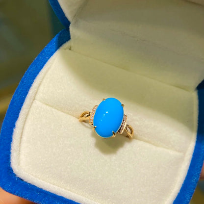 Ring 18K Gold 13*9.1mm Blue Turquoise Gemstones Diamonds Female Sporty