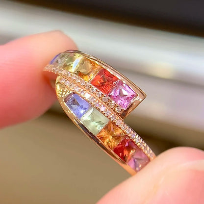 Ring 18K Gold 0.44ct Colorful Sapphire Gemstones Diamonds Female