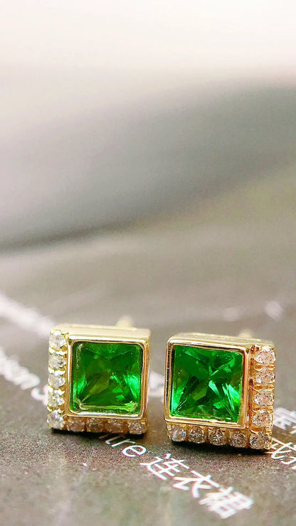 Earrings 18K Gold 0.44ct Tsavorite Gemstones Diamonds Stud Female's Fine