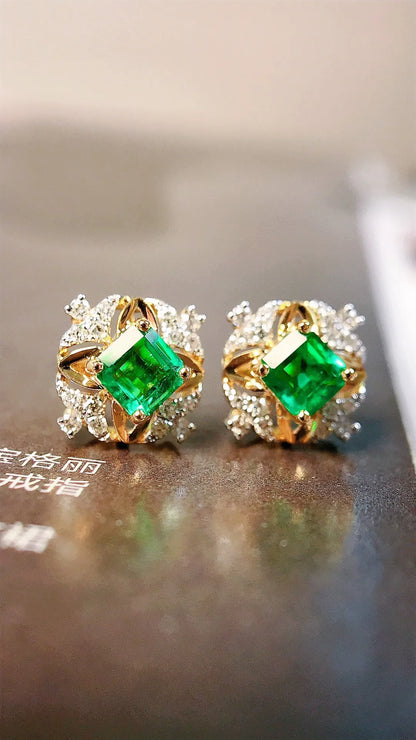 Earrings 18K Gold 0.54ct Vivid Green Emerald Stud Female's Holiday