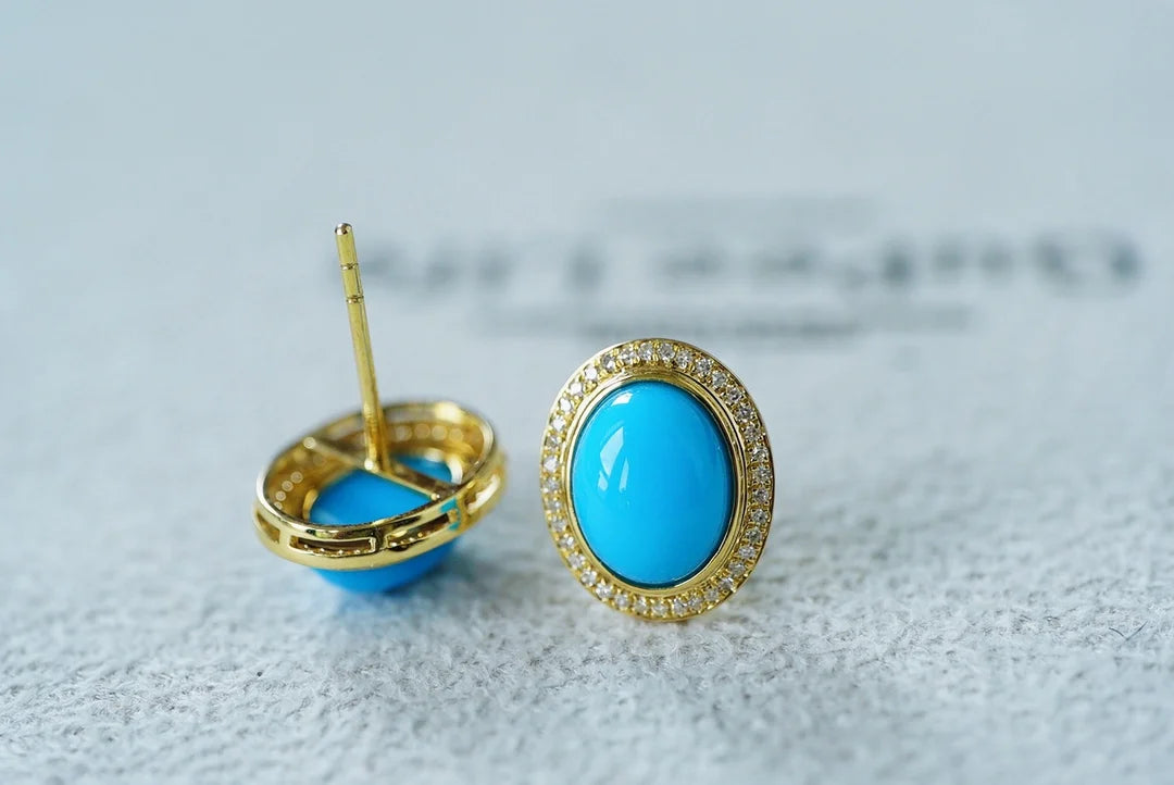 Earrings 18K Gold 9*7mm Blue Turquoise Drop Dangle Female's Fine Gift