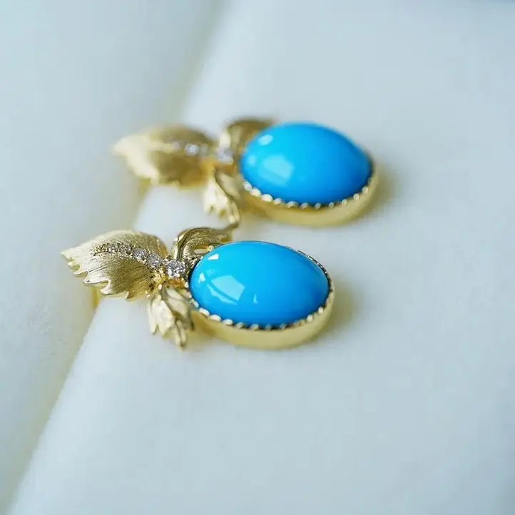 Earrings 18K Gold 8.7*6.7mm Blue Turquoise Drop Female's Fine